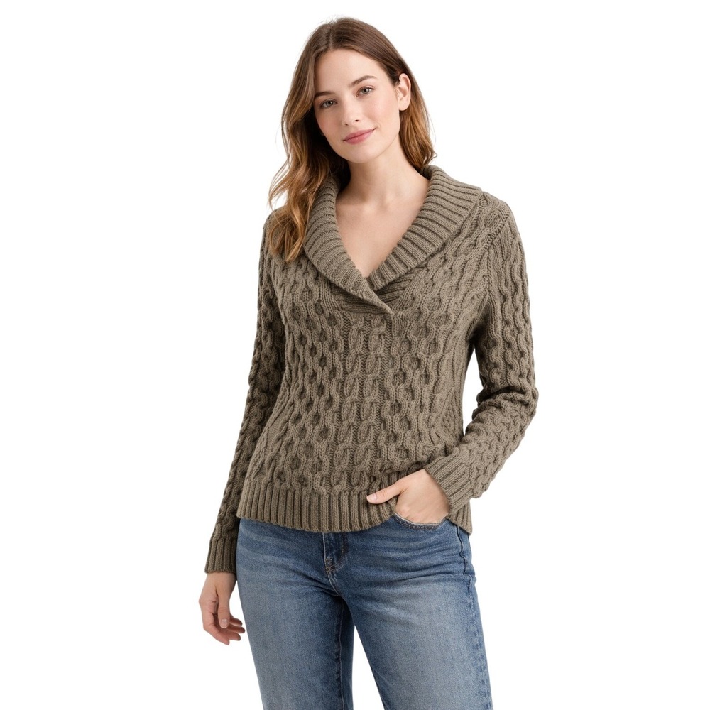 Denim & Supply‎ Womens Sweater Cropped Cable Knit Shawl Collar Olive Green Med